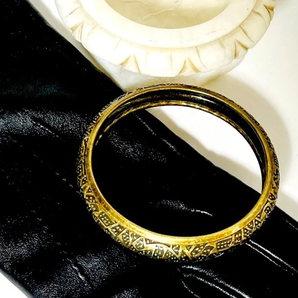Brass Bangle Bracelet Etched Design 1/2 Inch Wide